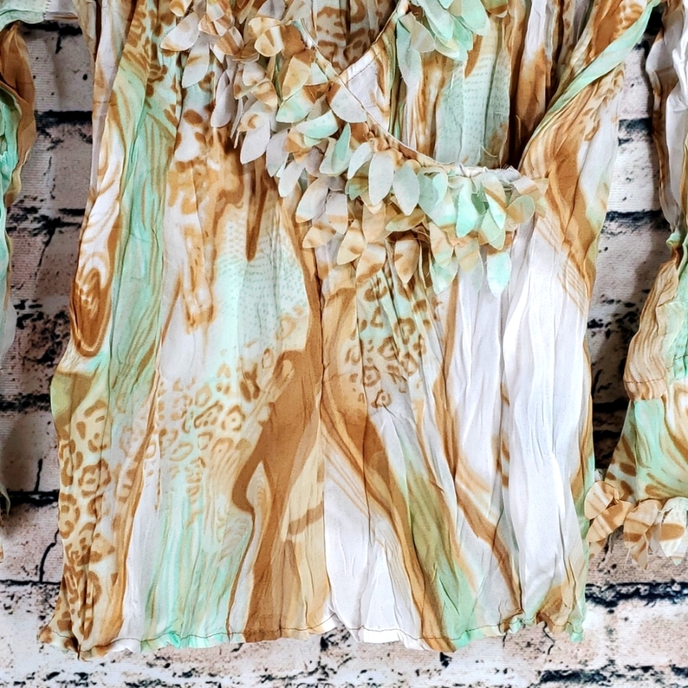 Violin | Gypsy Boho Prairiecore Abstract Print Crinkle Texture Faux Wrap Top - Picture 5 of 10